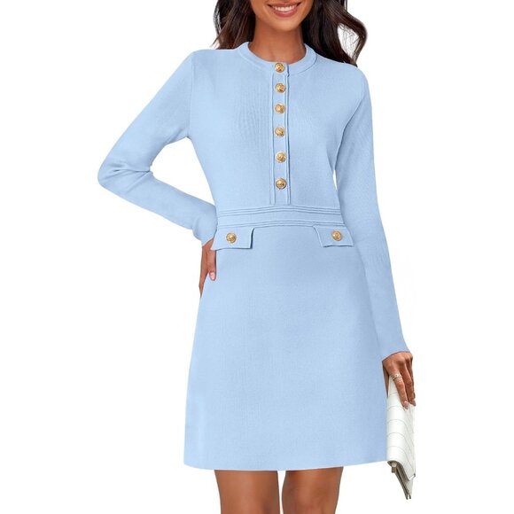 Fall 25 Long Sleeve Bodycon Light Blue Sweater Dress Women Winter Formal Mini - Picture 1 of 6